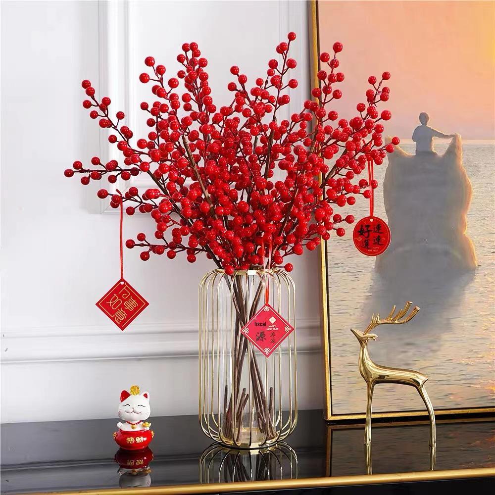 Red Holly Berry Faux Flower Fortune Bucket for New Year Home Decor