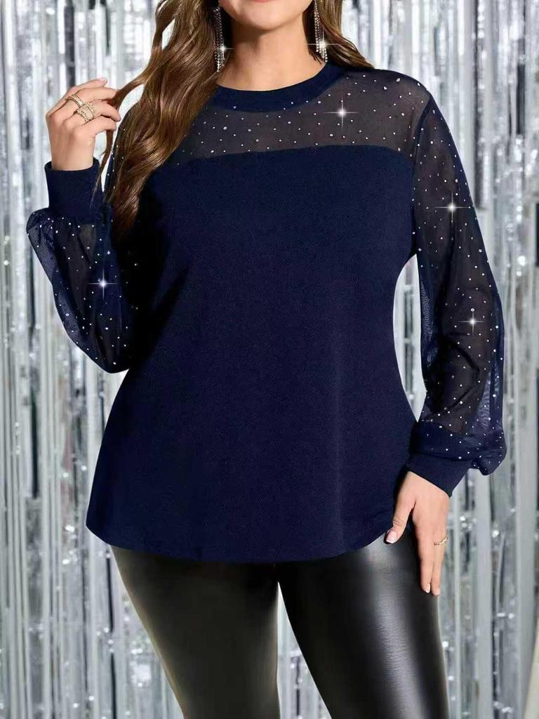 Year-End Cross-Border Women's Fashion: Elegant Rhinestone Mesh Patchwork Top for Spring/Autumn