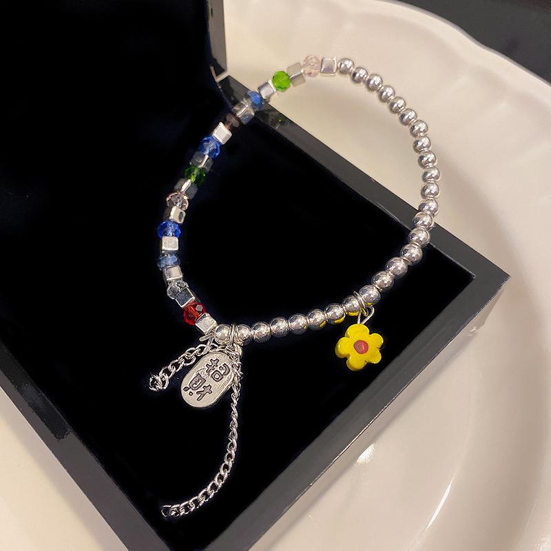 ANENJERY Colored Crystal Beaded Bracelet Women's Niche Design Lucky Fortune Flower Stretch Bracelets Jewelry Accessories