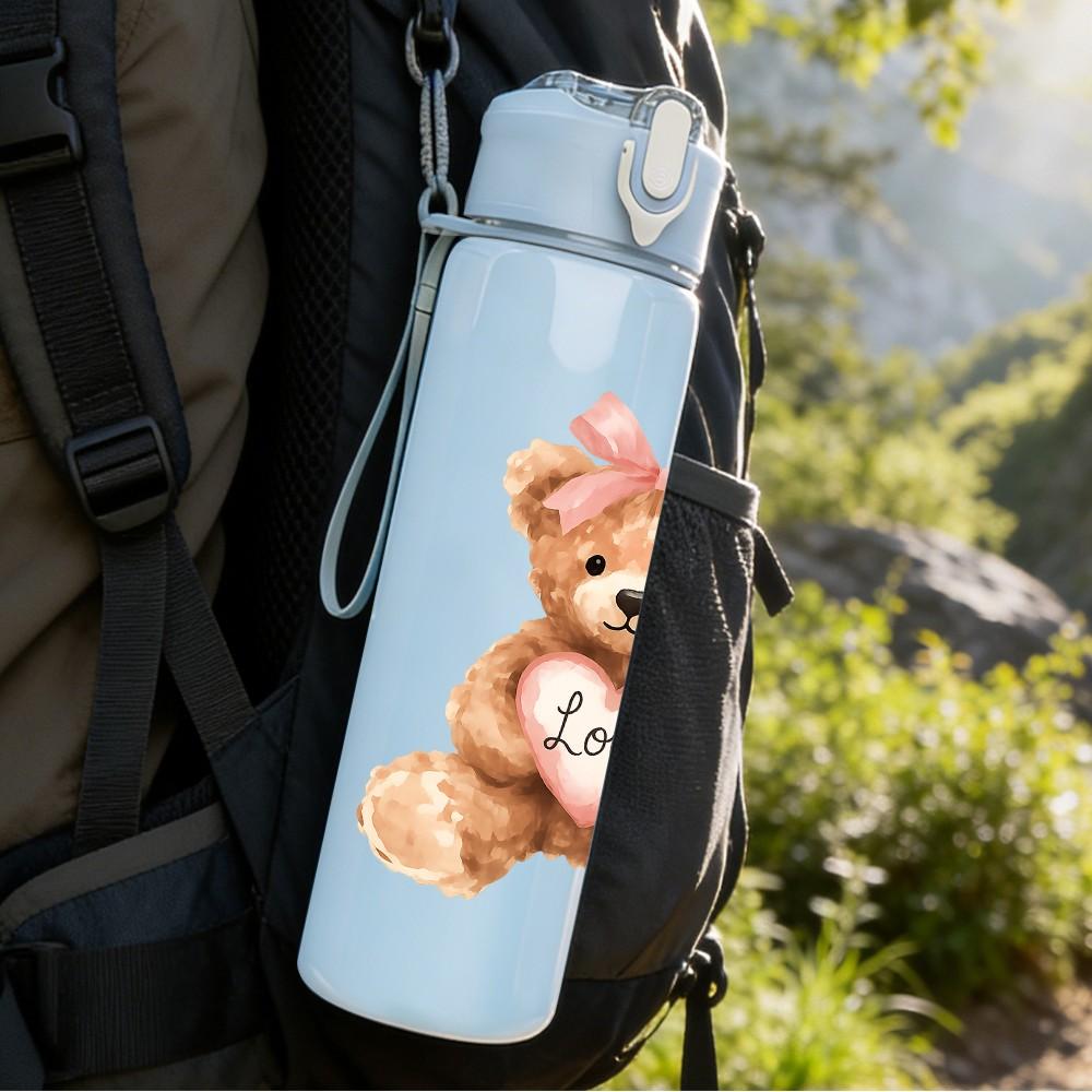 1PC Pink Love Teddy Bear Cartoon 750ml Color Plastic Sports Water Bottle Leakproof Flip Straw Lid Suitable for Sports Office Home Use