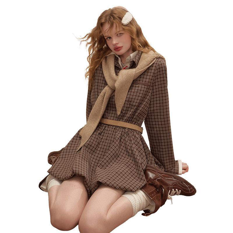 UNIFREE Faux Two-Piece Plaid Long Sleeve A-Line Dress L