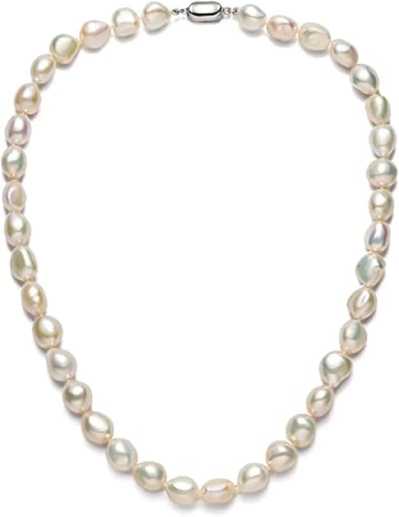 Baroque Pearl Necklace for Women 8-9mm 9-10mm AA Quality Freshwater Cultured Pearl Strand Necklace with Sterling Silver Clasp 34cm
