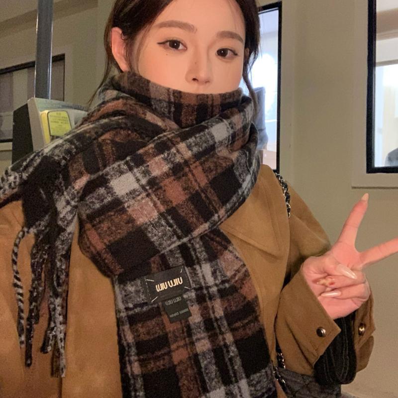 Retro Fashion Winter Women Knitted Scarf Headscarf Casual Preppy Plaid Tassel Scarve Lady Mujer Wrap Shawl Korean New Christmas