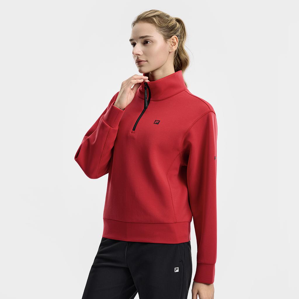 FILA Fitness Classic Simple Sports Training Casual Comfortable Versatile Half-Zip Knit Pullover Sweatshirt Women sweatshirt Hot-Red A11W611208FRD