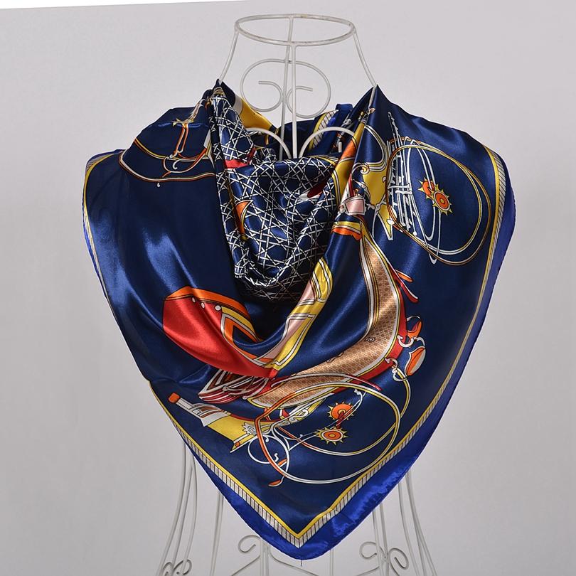 

BYSIFA|Navy Blue Pink Silk Square Scarf Printed Women Brand Satin Scarves Shawls China Style Peach blossom Design Head Scarf 90cm-90cm