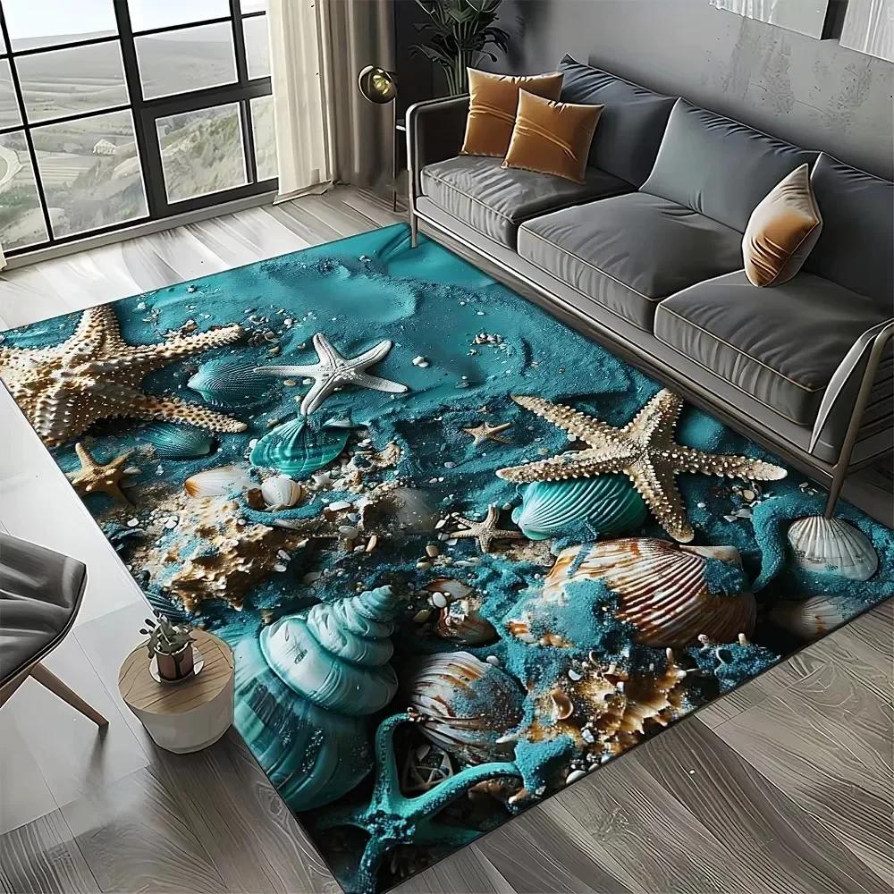 Starfish Beach Shell Sand Pattern Area Rug Coastal Ocean Carpet for Living Room Bedroom Kids Play Room Non-Slip Floor Mat