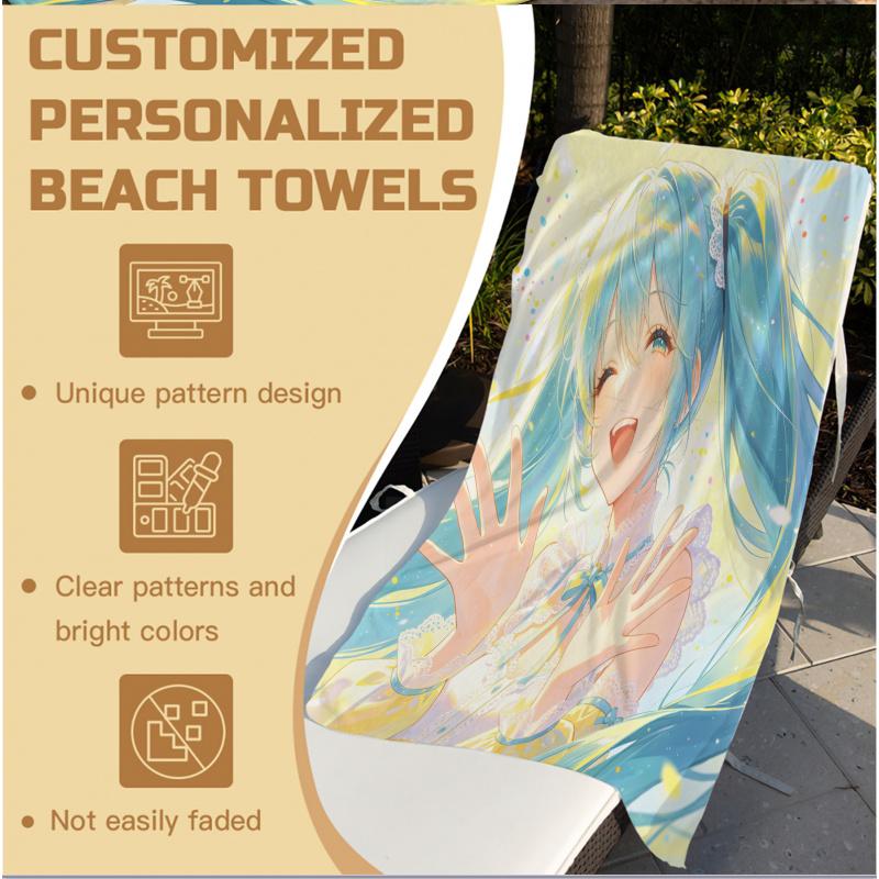 Hatsune Miku Anime Beach Towel, Quick Dry Absorbent Towel, Fresh Green Anime Towel for Beach Swimming, Summer Gift
