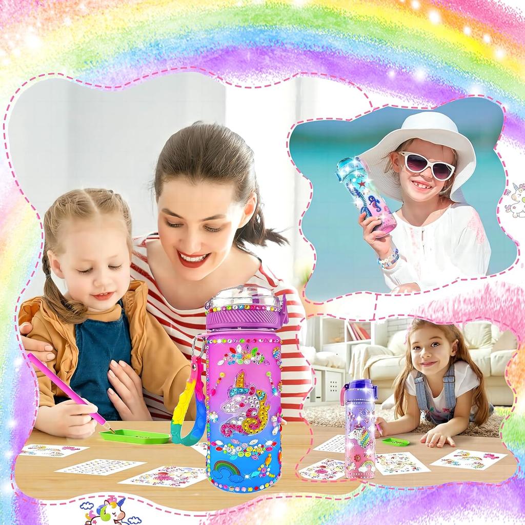 Creative DIY Gemstone Kids Water Bottle 600ml Rainbow Unicorn for School & Outdoor, Holiday Gift for Boys Girls Age 4-6-8-10, Multicolor