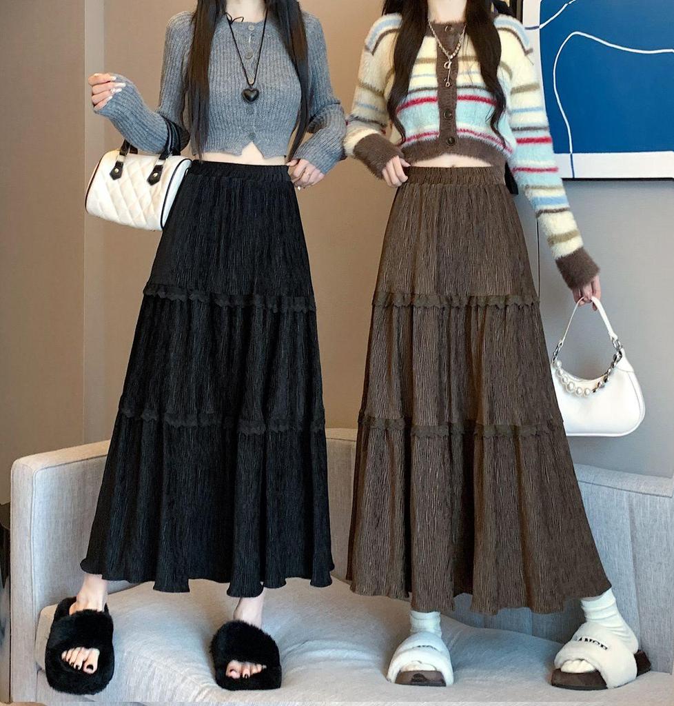 Damen Frühling/Sommer Spitze Cord Falten Midi Rock