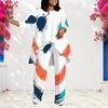 Women Plus Size Beige Green Printed Round Neck Long Sleeve Asymmetrical Top Wide Leg Pants Two Piece Set