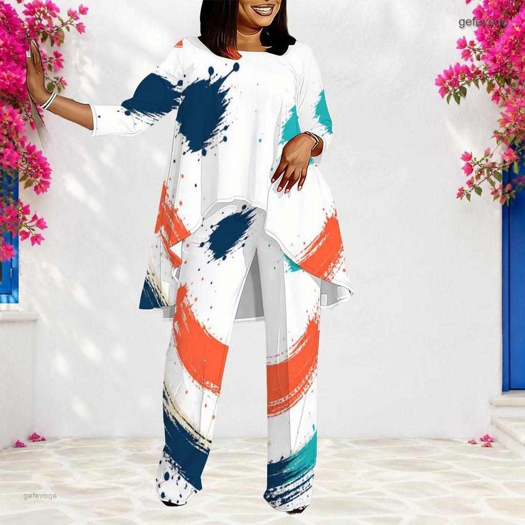Women Plus Size Beige Green Printed Round Neck Long Sleeve Asymmetrical Top Wide Leg Pants Two Piece Set