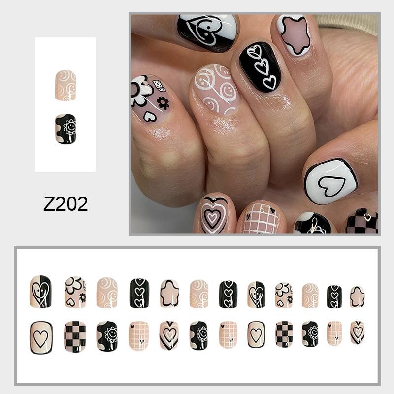 24pcs Press On Nails Cute Checkerboard Black and White Short Nails Love Foreign Trade Style Simple Pure Desire Fake Nails Removable Short Nails