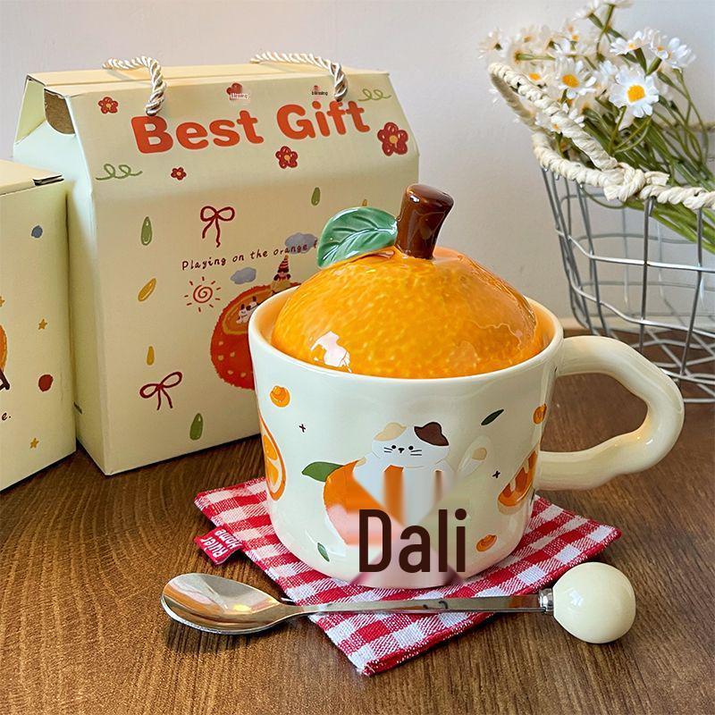 Large Orange Ceramic Mug with Lid & Spoon - Cute Gift for Girls & Best Friends, Perfect Birthday or Practical Souvenir.