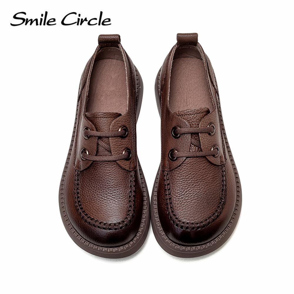 Damen-Schuhe aus Naturleder, klobige, flache Schuhe, zum Schnüren, modische Freizeitschuhe, niedrige Oberseite, runder Kopf, Damen-Arbeitsschuhe