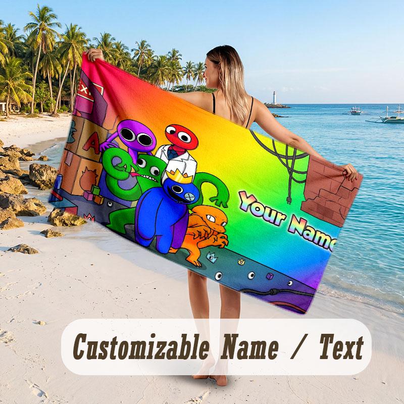 Personalized Beach Towel,Rainbow Friends Custom Printed Name Text, Super Absorbent Towel For Beach Vacation