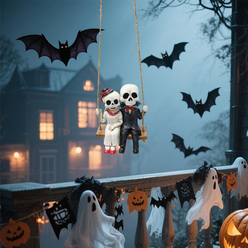 Halloween Skeleton Couple Swinging Resin Pendant Outdoor Courtyard Bonsai Home Decoration Set