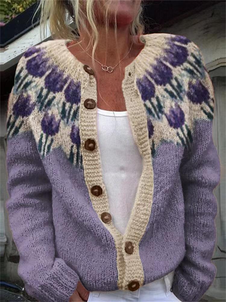 Women's Pink V-Neck Knit Cardigan with Jacquard Floral Pattern
