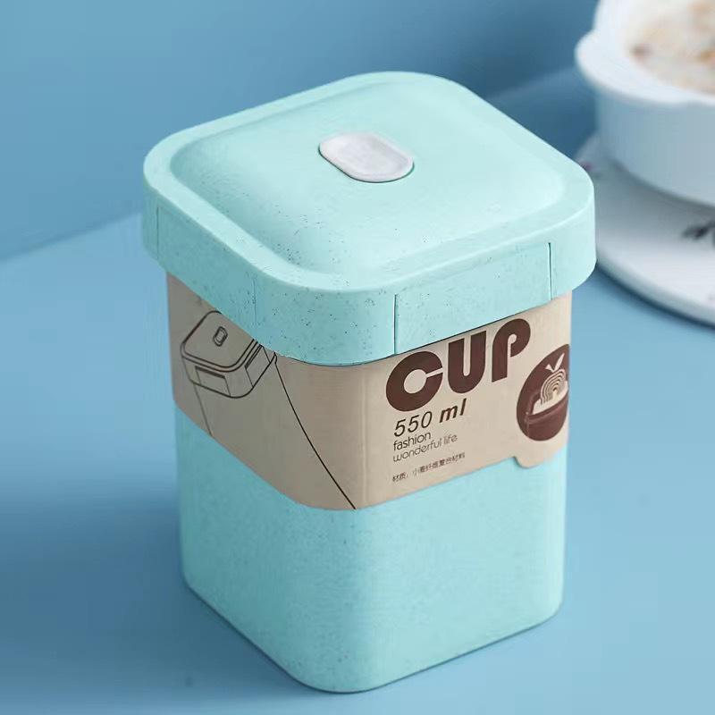 Square Sealed Portable Wheat Straw Cup for Soup, Milk, and Porridge