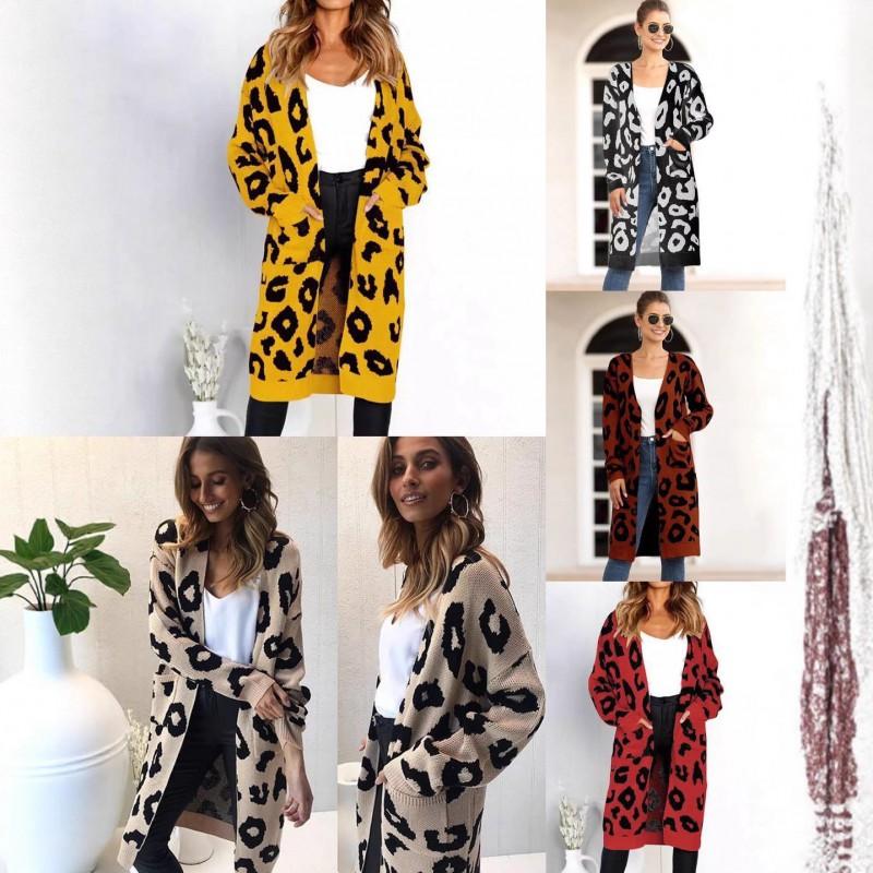 Womens Oversized Leopard Print Knit Cardigan Long Sleeve V-Neck Loose Fit Sweater Winter