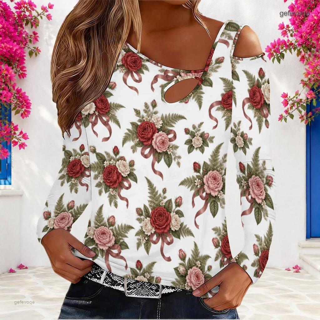 Women Plus Size White Floral Printed Asymmetric Cutout Neck Cold Shoulder Long Sleeve Fitted Top