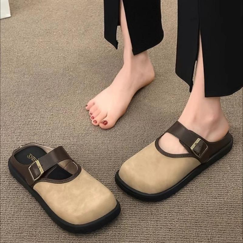 2025 Women Leather Slippers Indoor Slip-on Ladies Mules Shoes Square Toe Beach Slippers With Arch Support Fashion Women Sandals