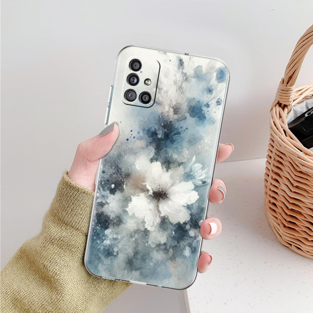 Case For Samsung A15 A13 A35 A55 A51 A71 A41 A31 A21S A03S A05 A17 A23 A25 A33 A53 A73 5G A07 4G Cover Ink Wash Painting Flower