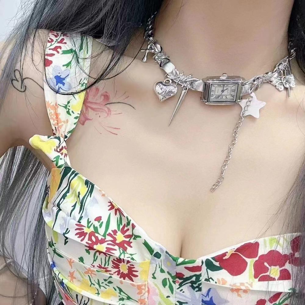 Star Gothic Rivet Necklace Cross Y2K Tassel Necklace Personality Watches Pedant Choker Girls