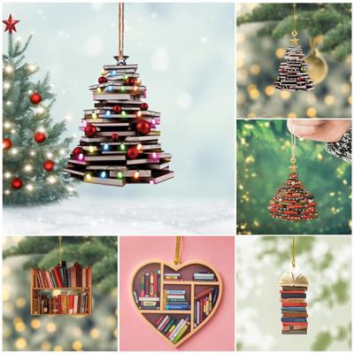 Acrylic Book Christmas Tree Ornament Double-sided Vintage Stacking Book Bookshelf Hanging Decoration Pendant Home Office Holiday Party Decorative