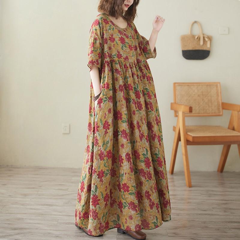 Krátký rukáv Plus size Bavlněné vintage květinové nové šaty pro ženy ležérní volné dlouhé letní šaty