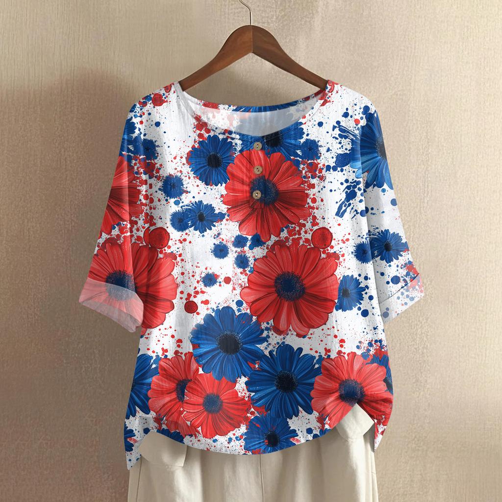 Women's Fashionable And Casual Shirt Half-sleeve Round Neck Print Cotton And Linen Blouse Top