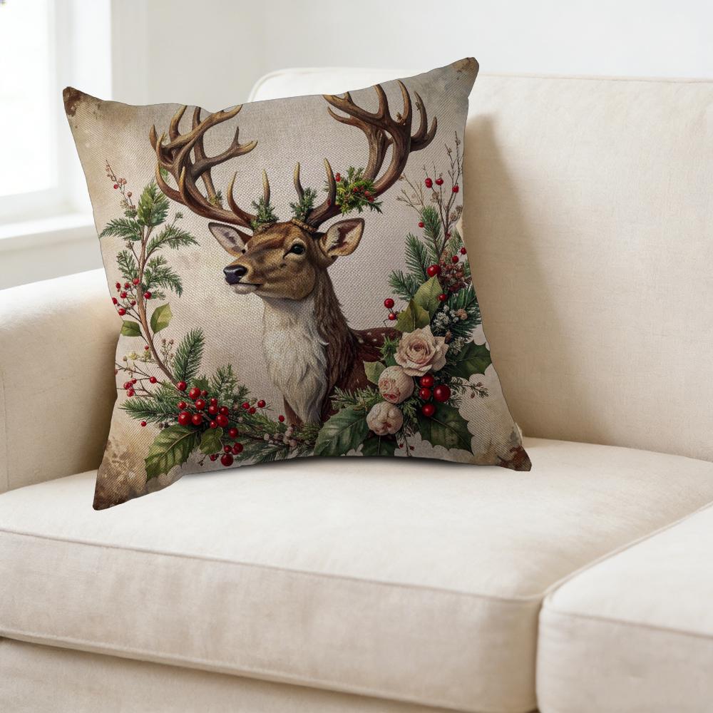 1Pc Vintage Style Cushion Cover Beige Deer And Berries Print Pillowcase For Sofa Bed Decorative Home Decoration 45X45Cm