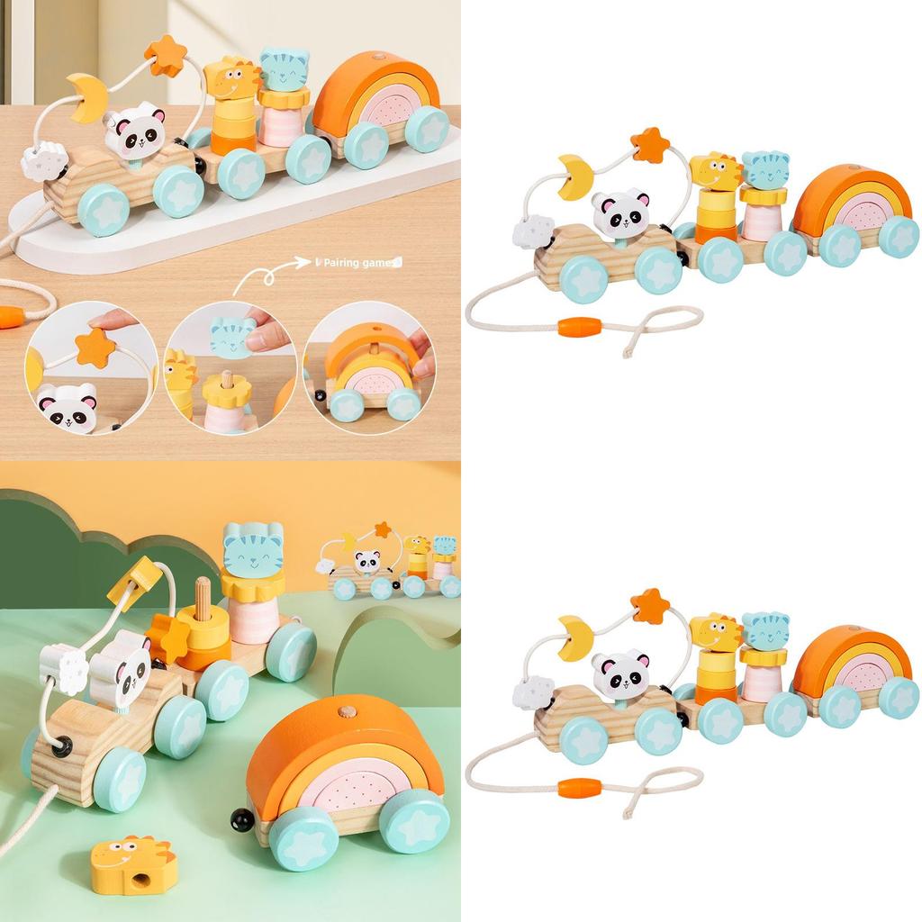 Wooden Animal Cat Panda Toy Train With Interlocking Carriages For Baby Development And Kids Play