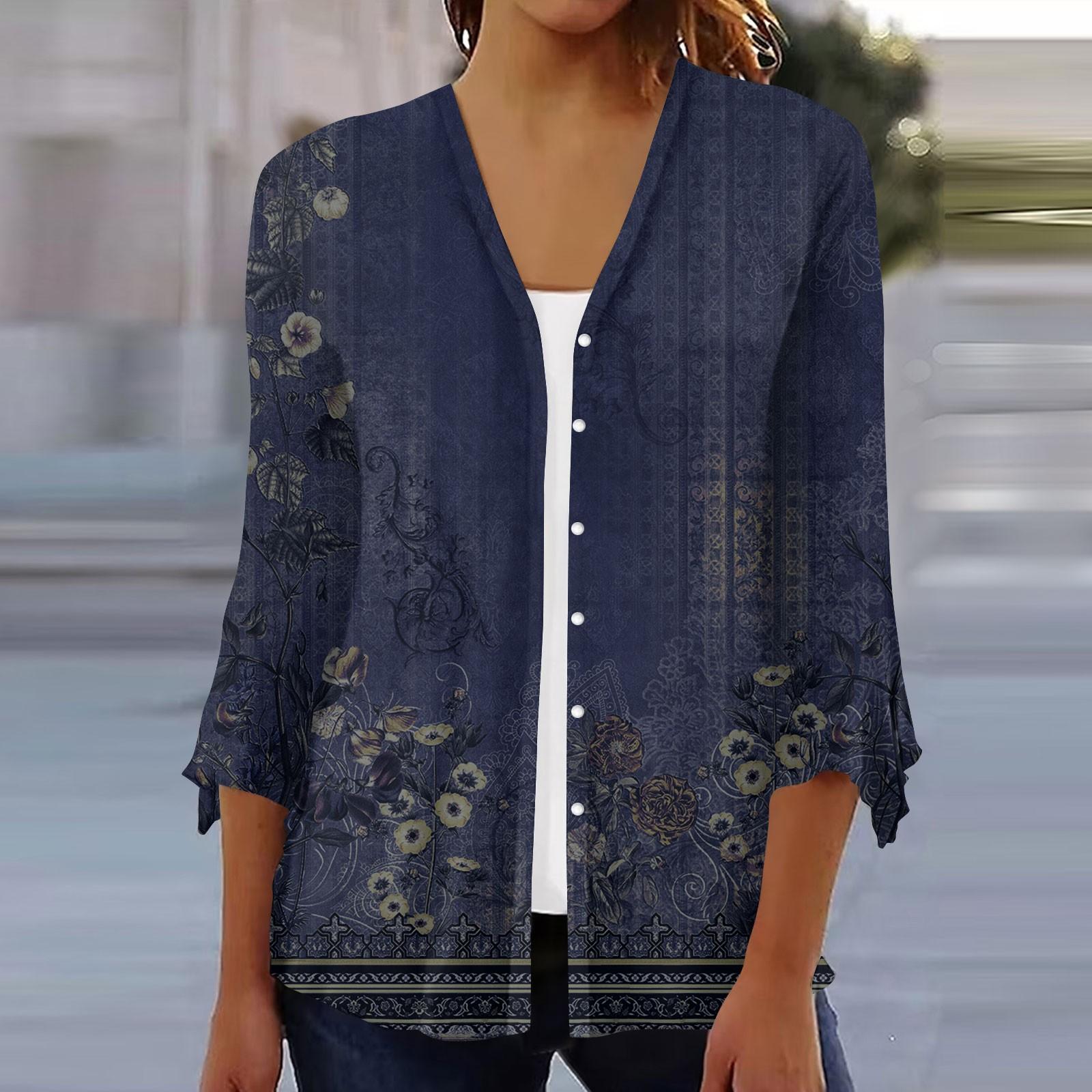 

Женская рубашка, блузка, верхняя одежда с принтом, рукав 3/4, повседневные праздничные базовые топы на пуговицах L темно-синий
