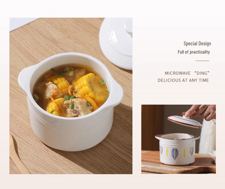 Double-Eared Insulated Ceramic Stewing Pot with Lid for Soups and Egg Custard