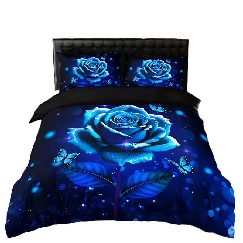 Blue Rose Digital Printed Duvet Set Three-Piece Valentine'S Day Gift Suitable For Bedroom Decoration Bedding
