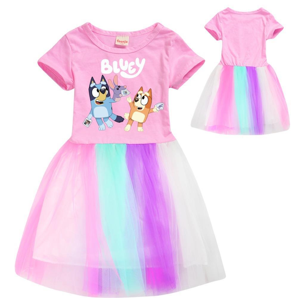 Girls Fashionable Rainbow Lace Cartoon Print Dress