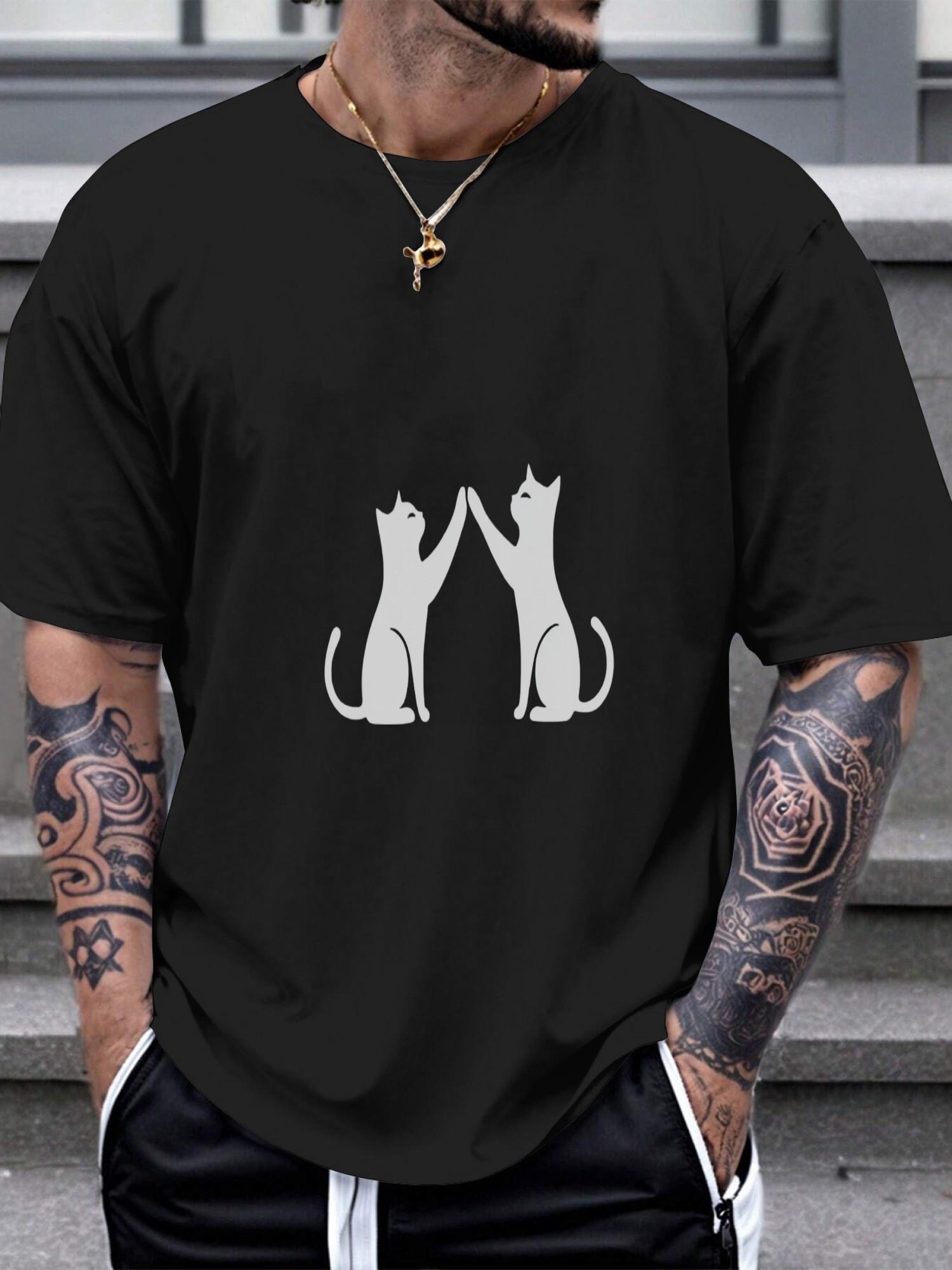1pc Casual High Five Cats Silhouette Graphic T-shirt - 180g All-Season Cotton Crew Neck Short Sleeve Tee with Single-Sided Digital Print XXXXL