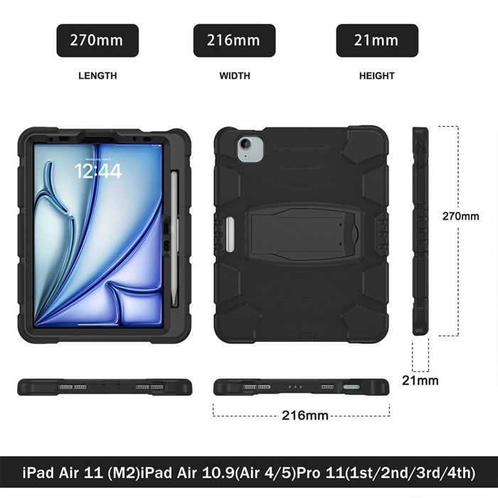 Case for iPad Air 11" (2024/2025/2026) - 360° Protection - Shockproof - Stand - Black