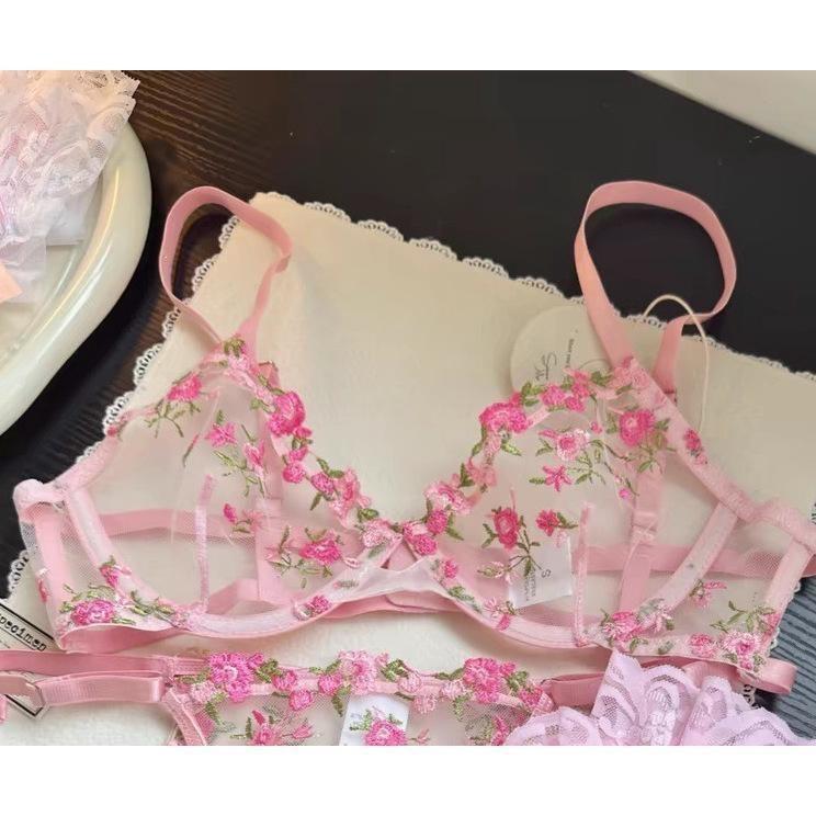 French floral embroidered underwear women's big breasts show small sexy transparent steel ring upper support anti-sagging bra cover