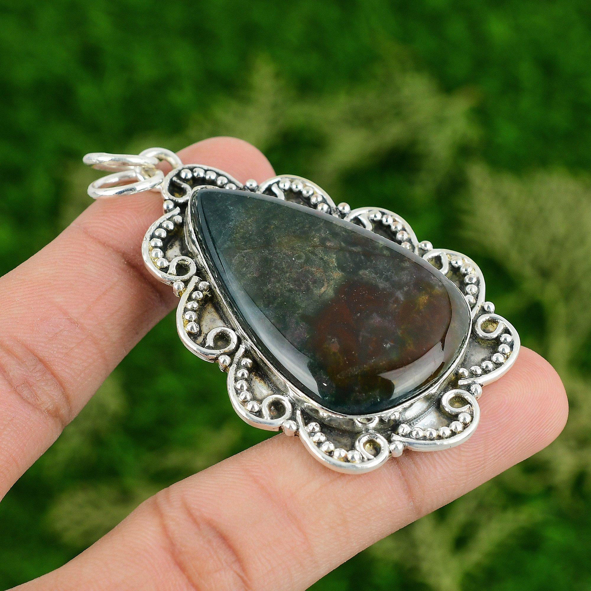 

Sterling Silver Bloodstone Stone March Birth Daughter Engagement Bezel Pendant