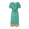 Women Dress Short Sleeve High Waist Spring Summer Bohemian Print V Neck S-XL
