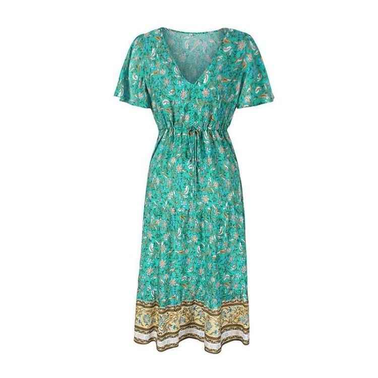 Women Dress Short Sleeve High Waist Spring Summer Bohemian Print V Neck S-XL