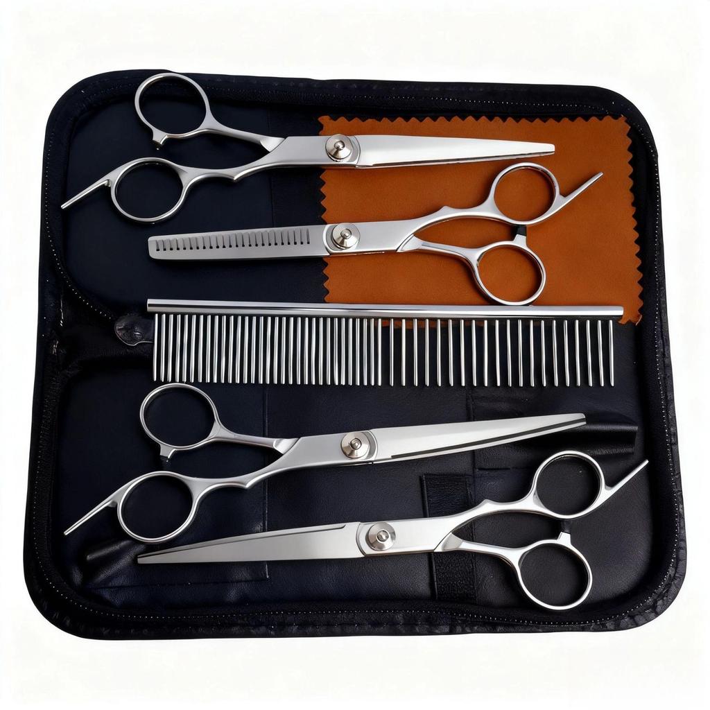 Portable Pet Grooming Scissor Set: Flat & Curved Hairdressing Tools