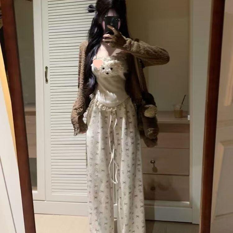 Autumn/Winter Cream Puppy Cardigan & Casual Slimming Vest with Long Pants Set