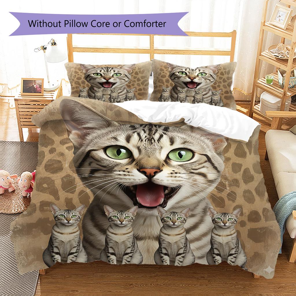 Cute Cat 3D Pattern Bedding Quilt Set Quilt Cover Pillowcase Home Decoration Gift (1 * duvet cover + 2 * pillowcase, without core)