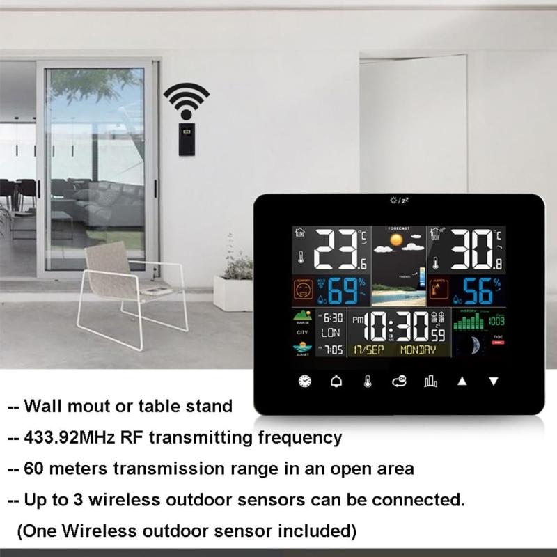 Color Touchscreens Weather Stations Indoor Outdoor Temperature Humidity Monitor Alarm Clock Moon Phase Tides Tracking