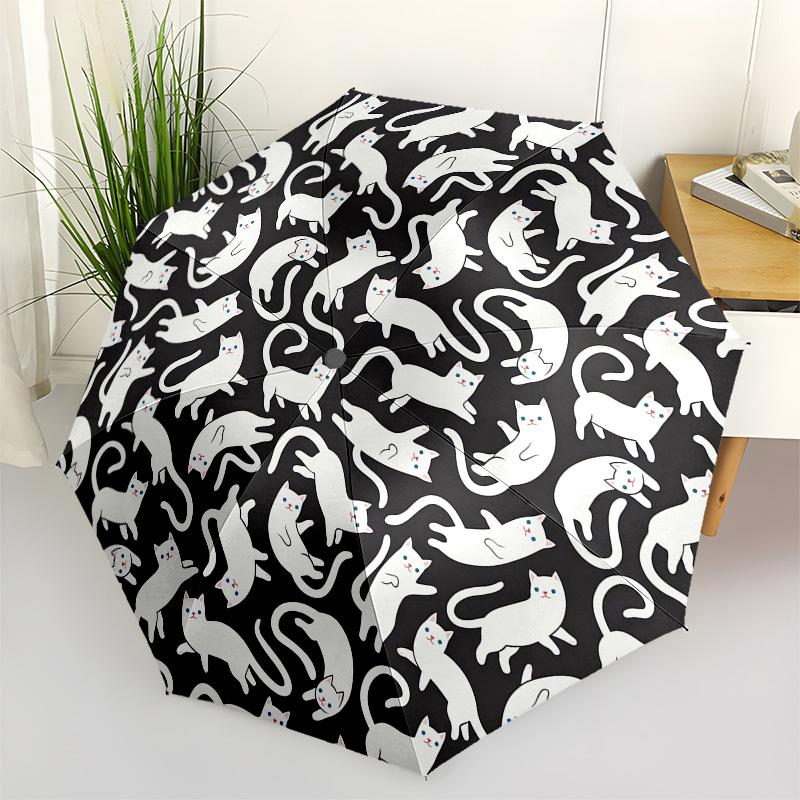 1pc Cats Pattern Round Black White Umbrella with Plastic Handle,Vibrant Cartoon Pattern,Multi-functional UmbrellaPT255