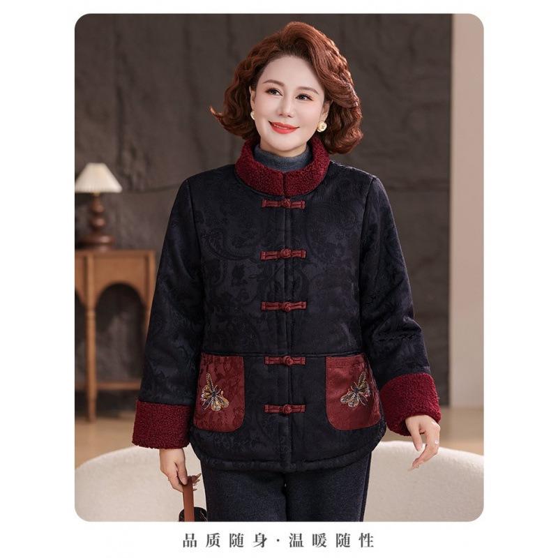 Winter Large Size Padded Jacket Medium and Old Women's Clothing Mother Clothing Chinese Retro Velvet Thickened Grandma Top Padded Jacket