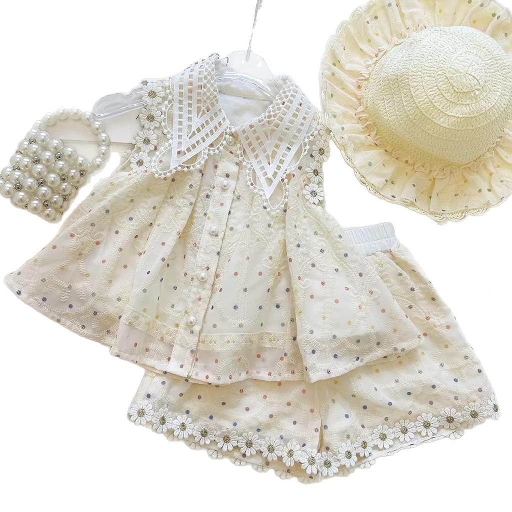 Summer Girls Lace Collar Embroidered Vest And Ruffled Shorts Princess Two Piece Set Outfit