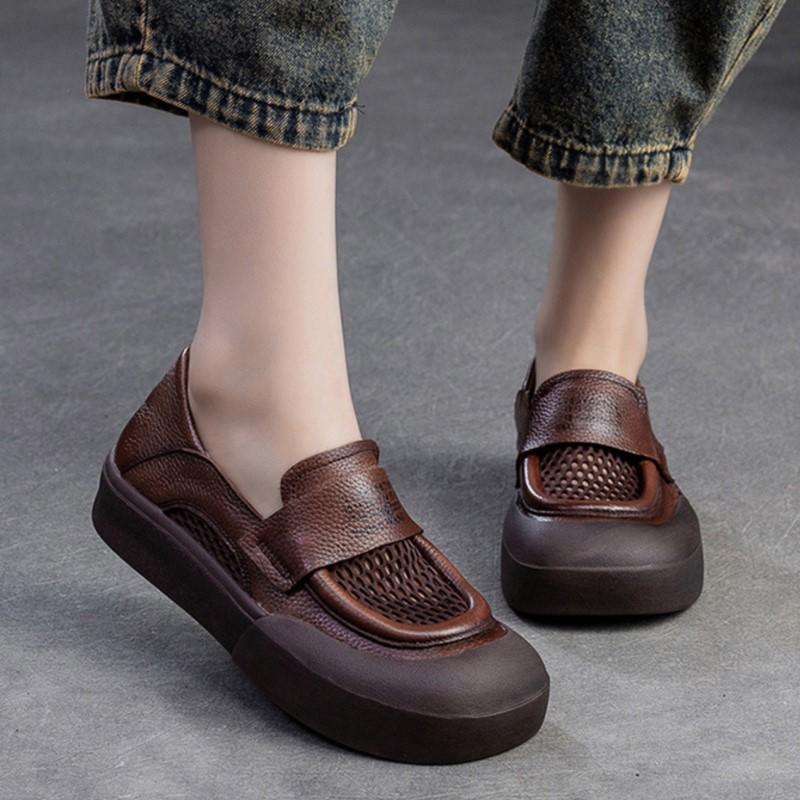 Johnature Versatile Breathable Mesh Flat Shoes Retro Genuine Leather Comfortable Sandals Women's Slip-on Shoes